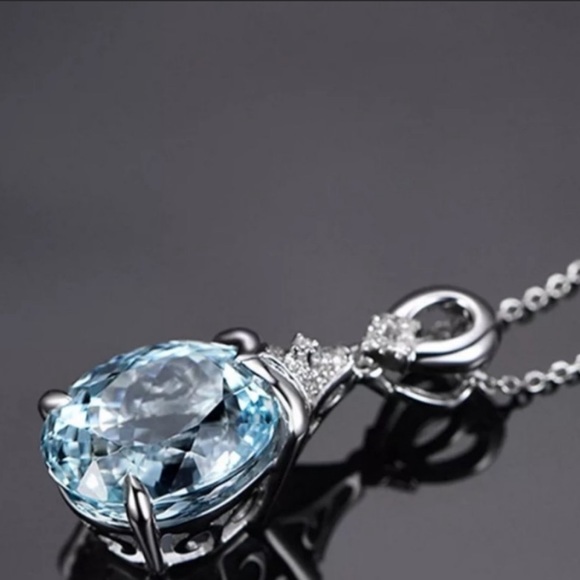 NEW Silver Aquamarine Diamond Necklace - Picture 2 of 8